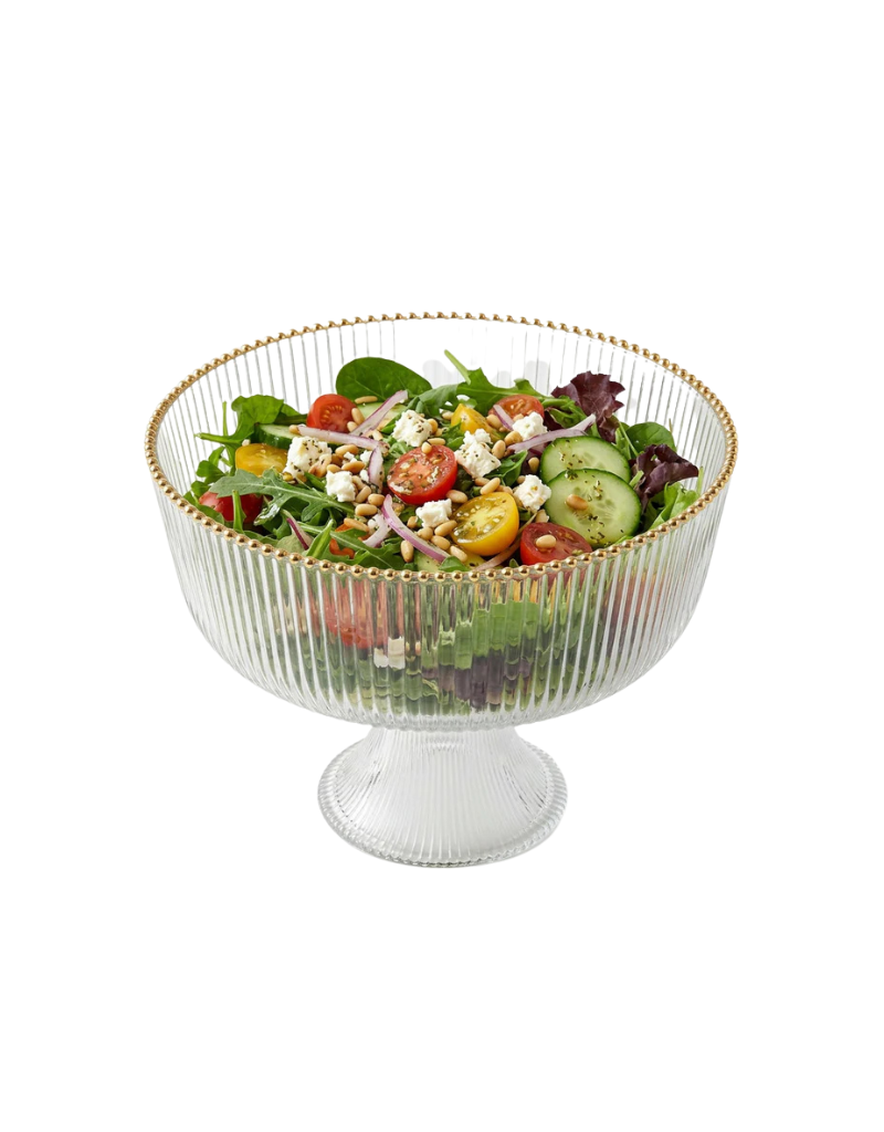 Ribbed Clear Glass Footed Bowl with Gold Rim