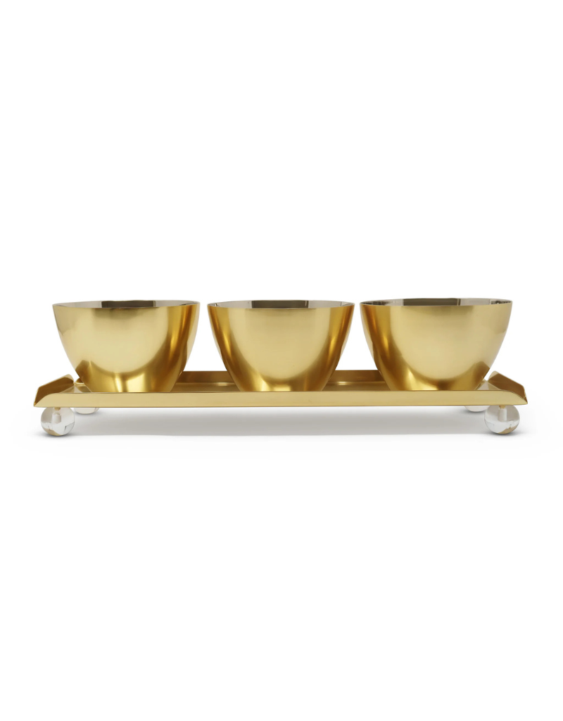 3 Bowl Relish Dish on Tray Gold with Marble Ball Legs