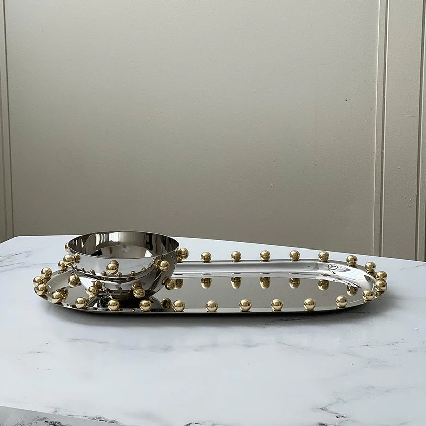 Stainless Steel Oval Tray with Gold Accents