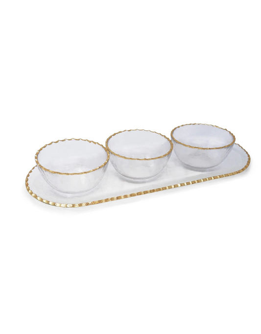 3 Bowl Serving Dish On Tray With Gold Rim