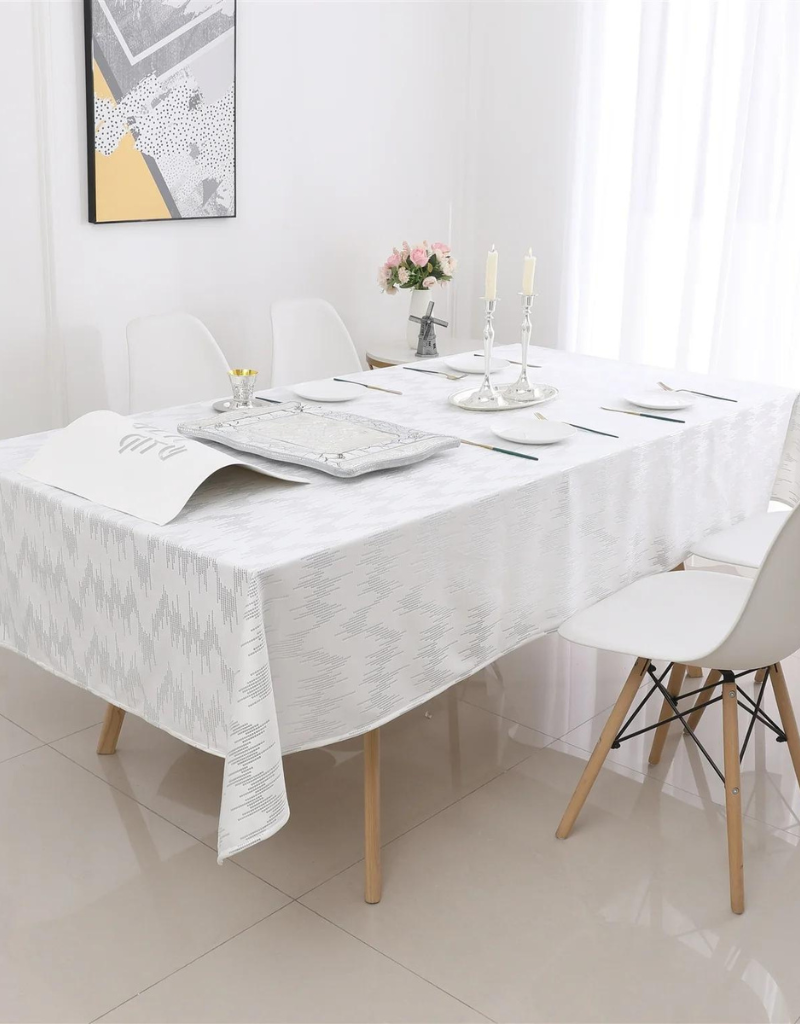 Velvet White Dotted & Silver Foil Print Tablecloth #1401
