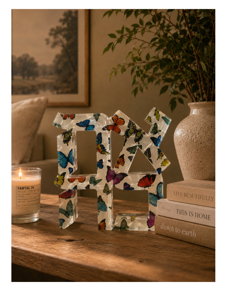 Acrylic Multi Colored Butterfly Hebrew Ahava Sculpture