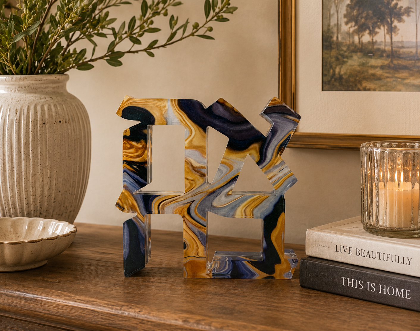 Acrylic Gold & Blue Spill Hebrew Ahava Sculpture