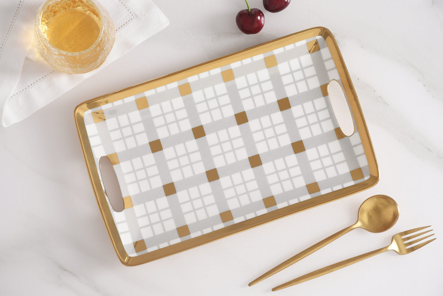 Gold & Plaid Small Tray With Handles