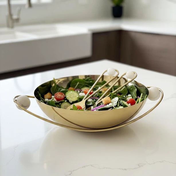Quartz Accented Stainless Steel Serving Bowl With Gold Handles