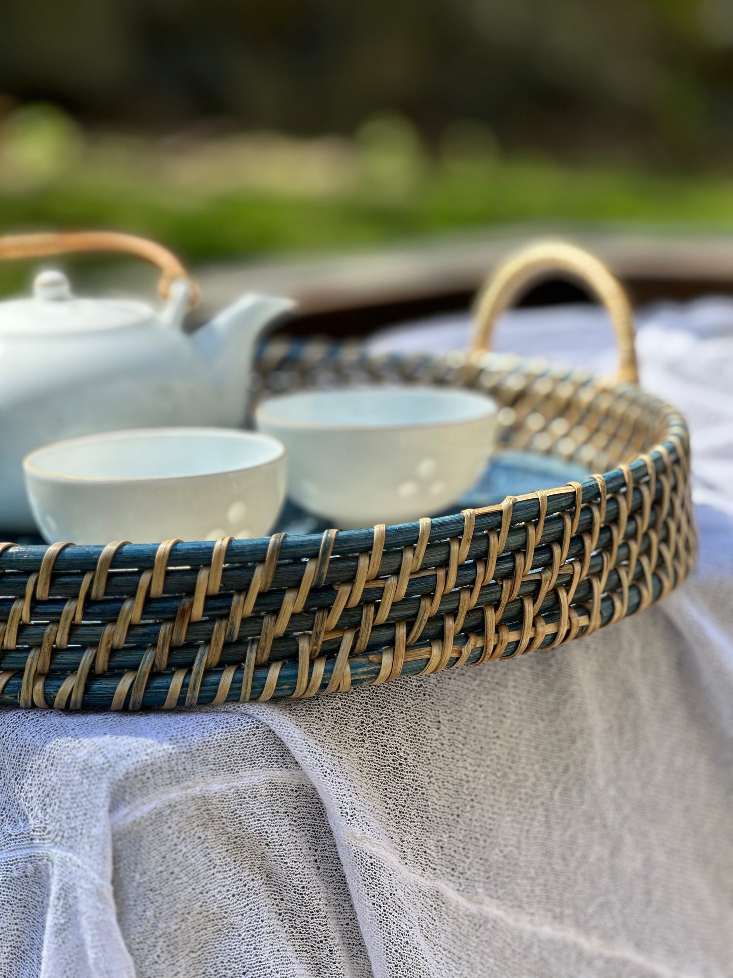 Navy Blue Rattan Trays with Handles