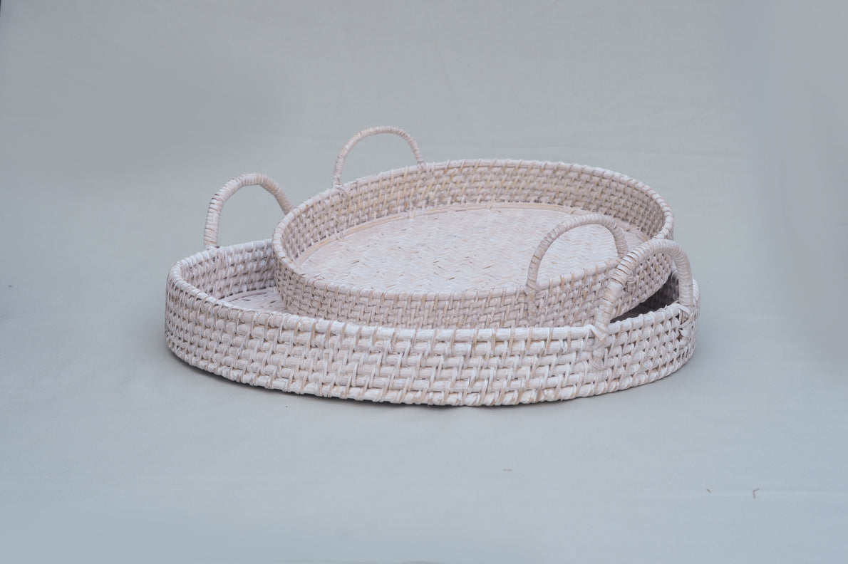 White Rattan Trays with Handles