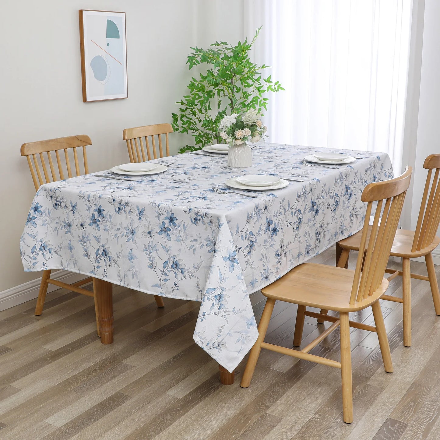 Linen Look Harvest Weave Soft Blue Flowers Tablecloth #1810