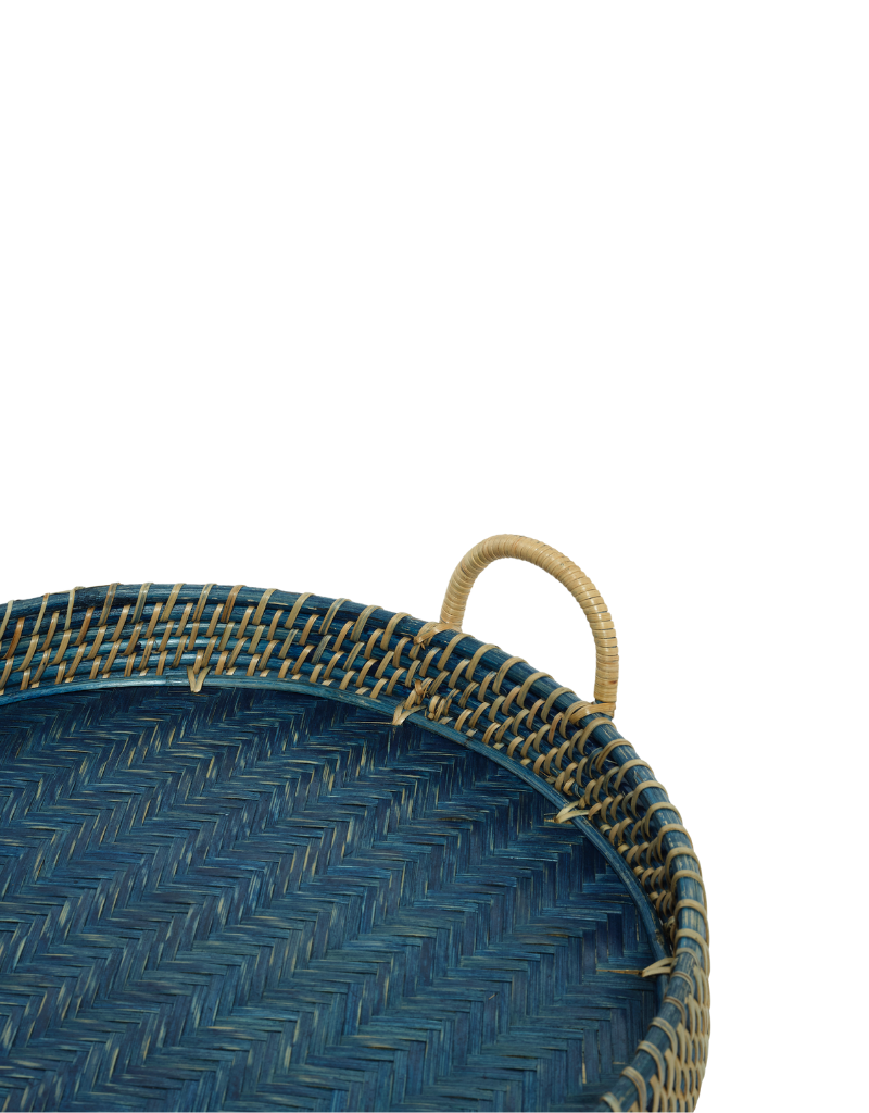 Navy Blue Rattan Trays with Handles