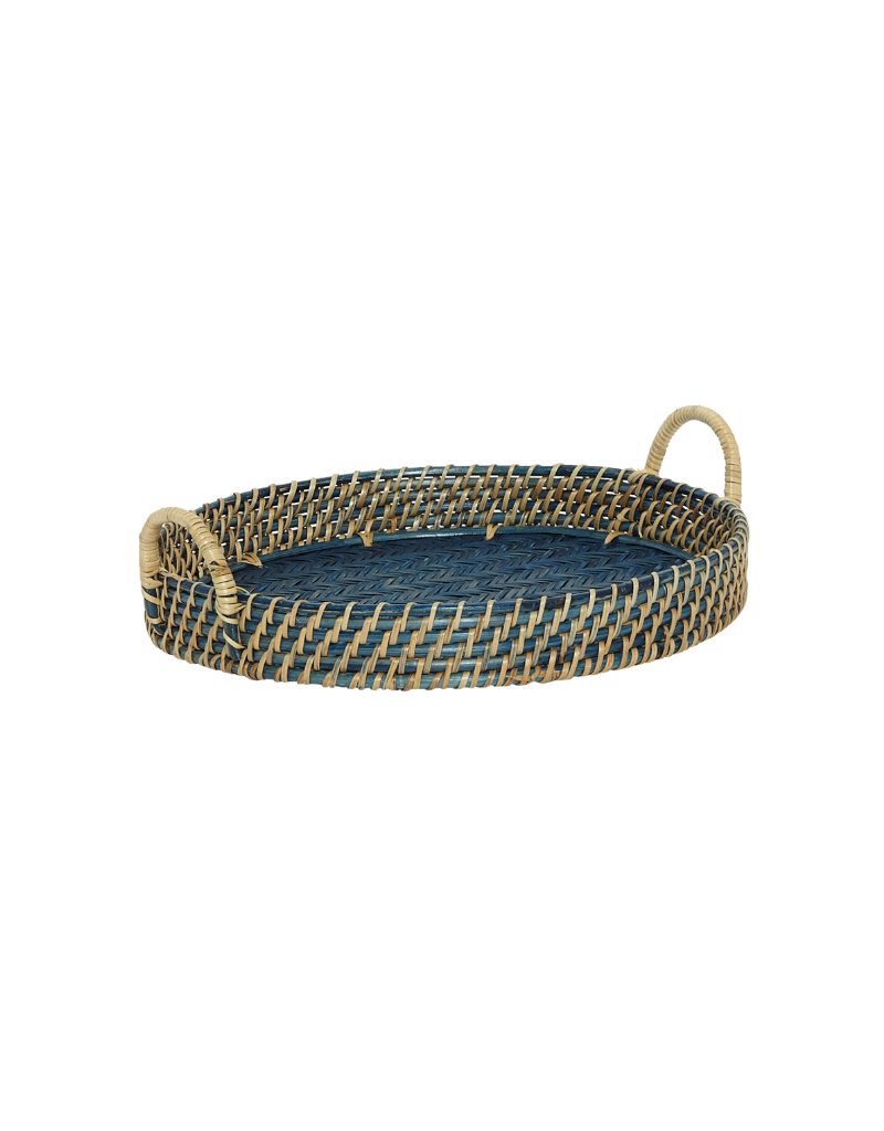 Navy Blue Rattan Trays with Handles