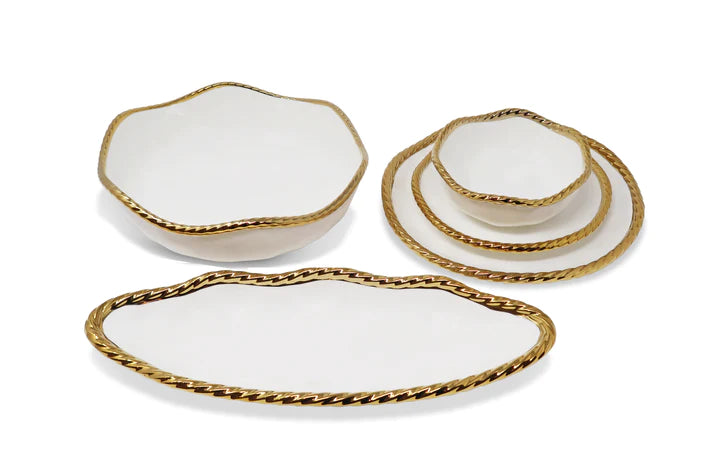 White Salad Bowl with Gold Rope Edge