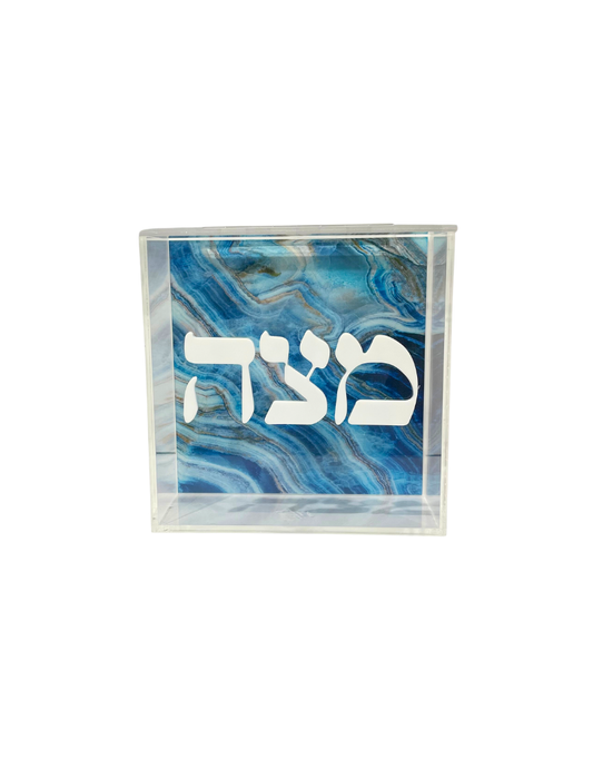 Acrylic Matzah Box with Hinged Top / Hebrew Letters Piece of Blue