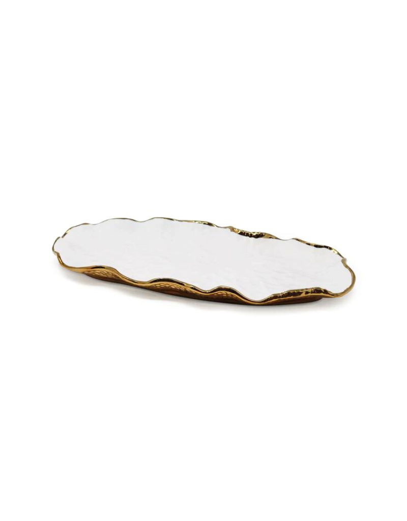 White Oval Tray New Bone China With Gold Scalloped Edge