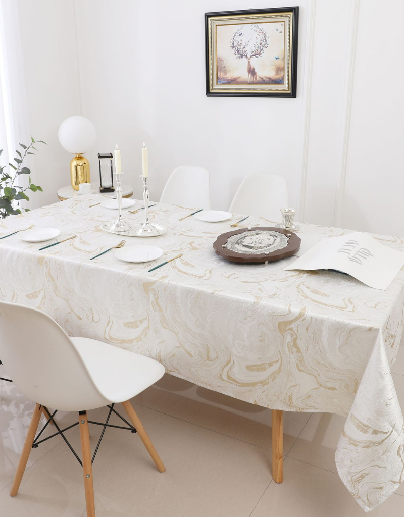 Jacquard White & Gold Wave Tablecloth #1327