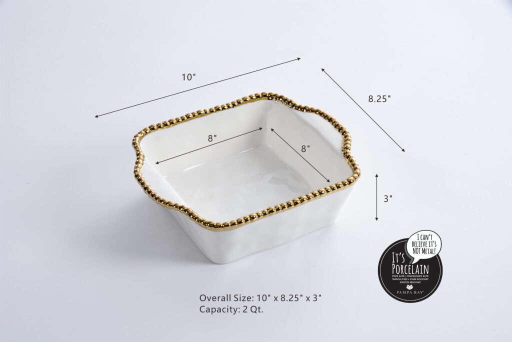 White & Gold Beaded Square Baking Dish