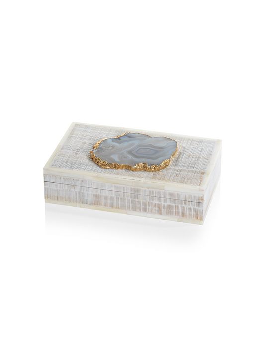 Chiseled Mango Wood and Bone Box with Agate Stone