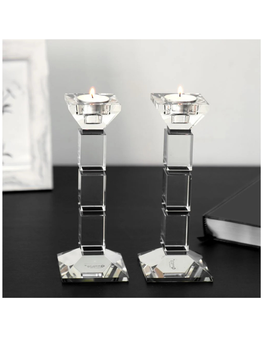 Set of 2 Black Crystal Candlesticks Square Design