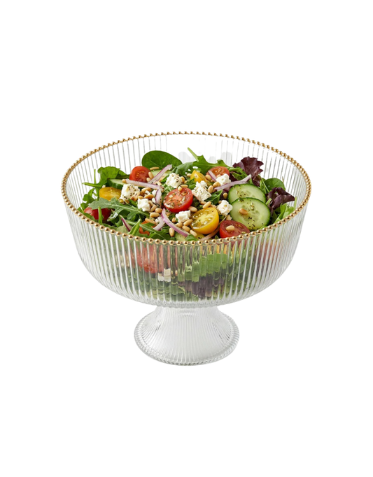 Ribbed Clear Glass Footed Bowl with Gold Rim