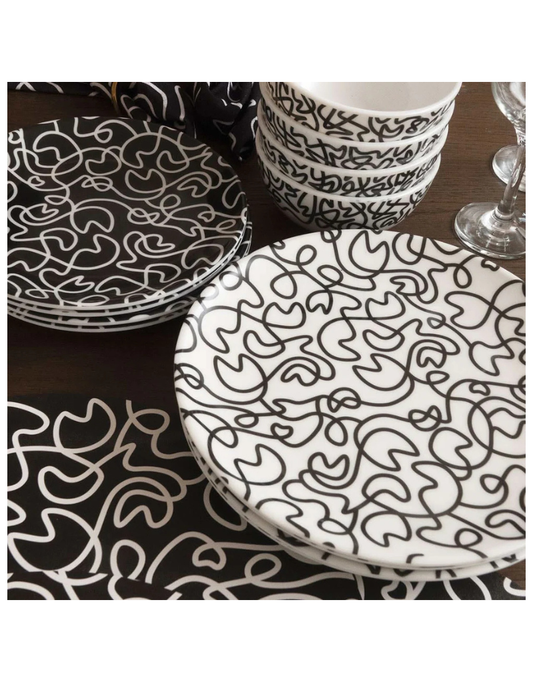 Elizabeth Sutton Collection: Black & White Squiggly 12pc Melamine Dinnerware Set
