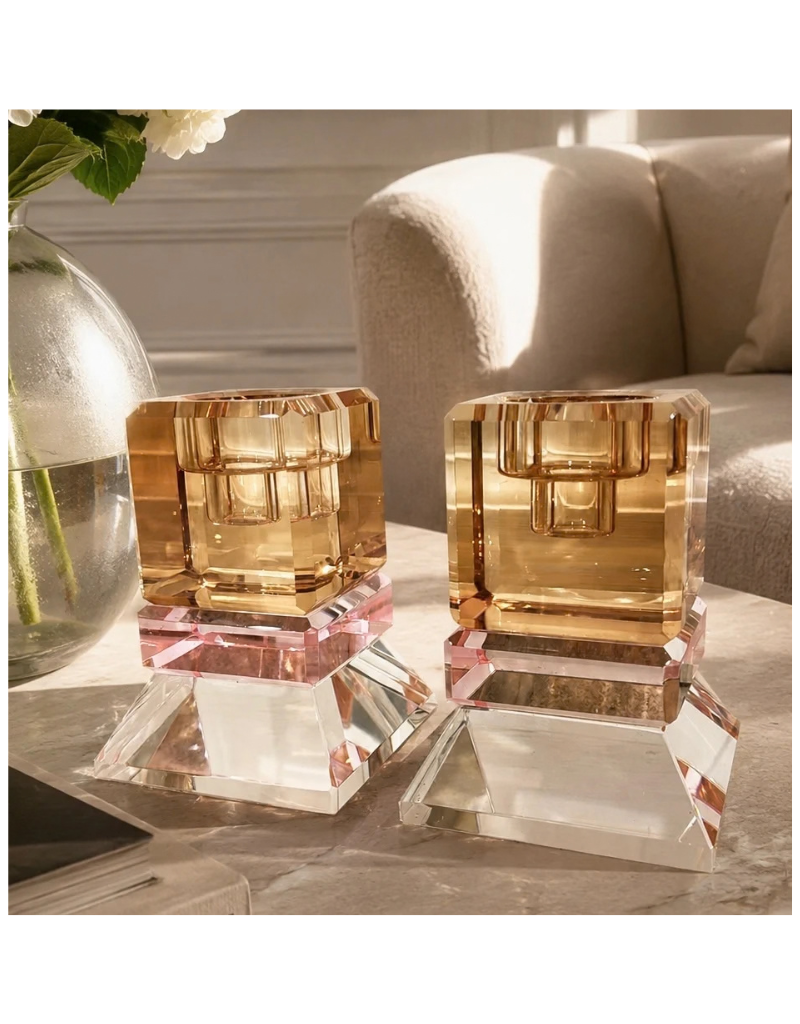 Modern Crystal Candle Holder Set with Pink Accent Base