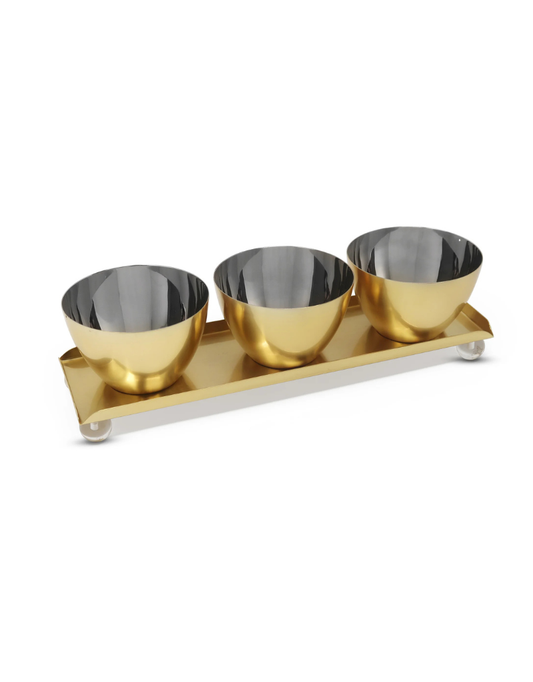 3 Bowl Relish Dish on Tray Gold with Marble Ball Legs