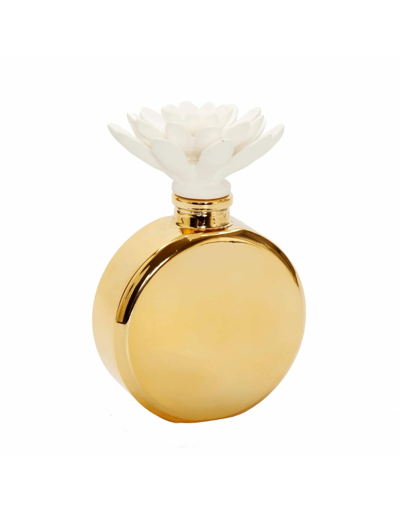 Gold Bottle Diffuser With White Flower Cap- "Iris & Rose"