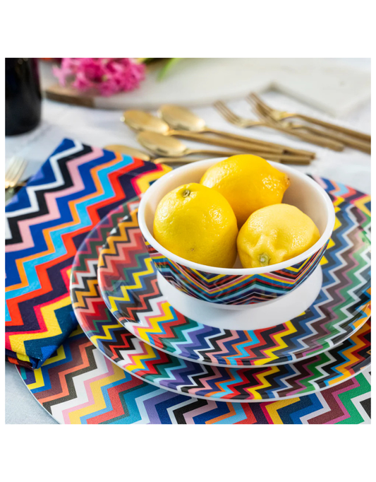 Elizabeth Sutton Collection: Multicolored Zig Zag 12pc Melamine Dinnerware Set