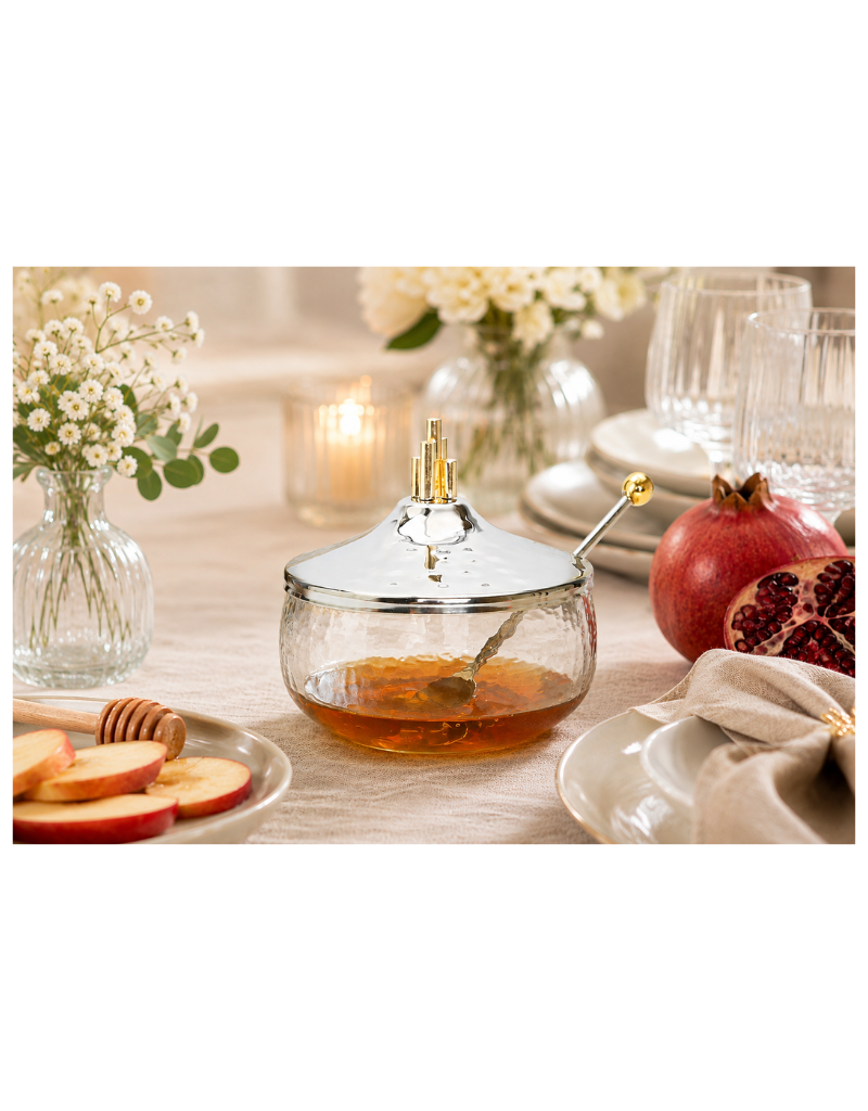 Honey Dish with Stainless Steel Lid and Gold Symmetric Design
