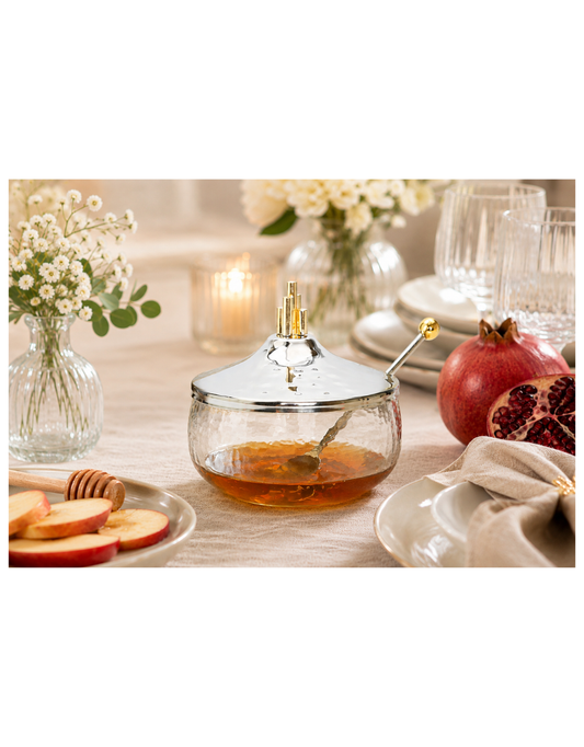 Honey Dish with Stainless Steel Lid and Gold Symmetric Design