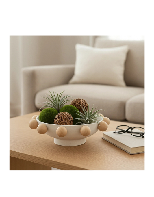 Decorative White Round Bowl with Wood Knobs