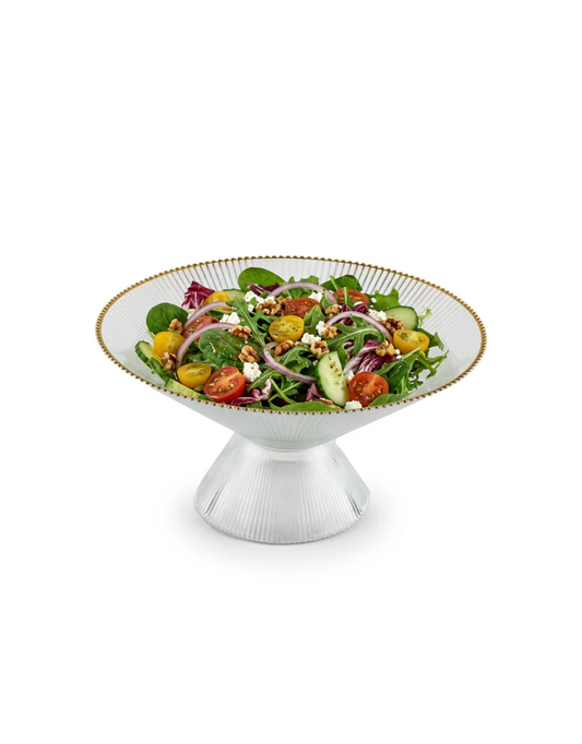 Footed Ribbed Clear Glass Salad Bowl with Gold Rim
