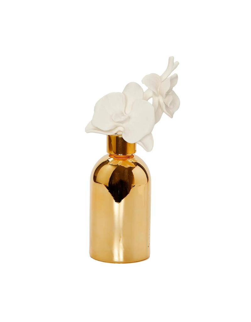 Gold Bottle Diffuser With Gold Cap And White Flower- Lily of the Valley