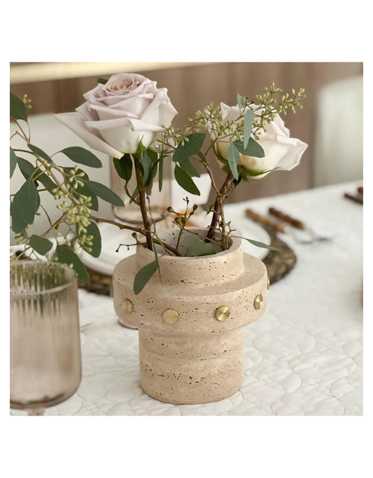 Travertine Vase with Gold Studs
