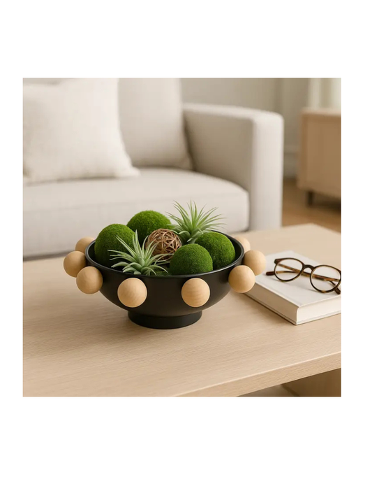Decorative Black Round Bowl with Wood Knobs