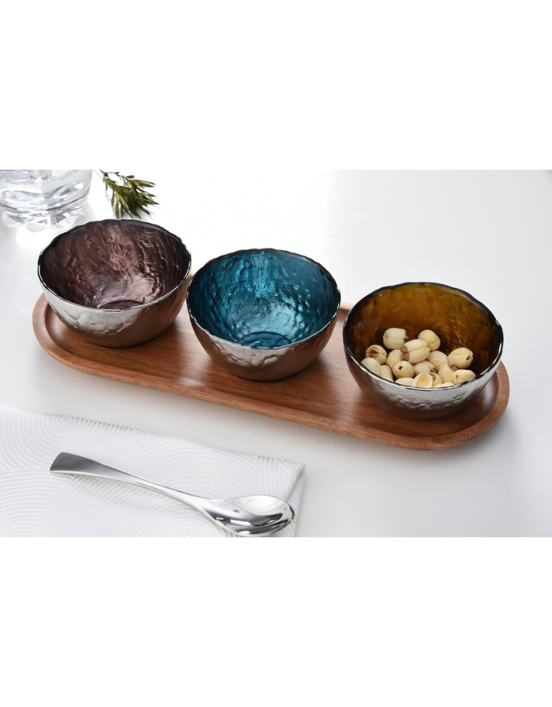 Set Of 3 Colored Glass Bowls & Tray