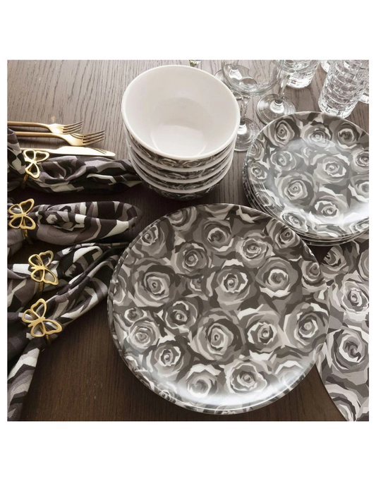 Elizabeth Sutton Collection: Grayscale Roses 12pc Melamine Dinnerware Set