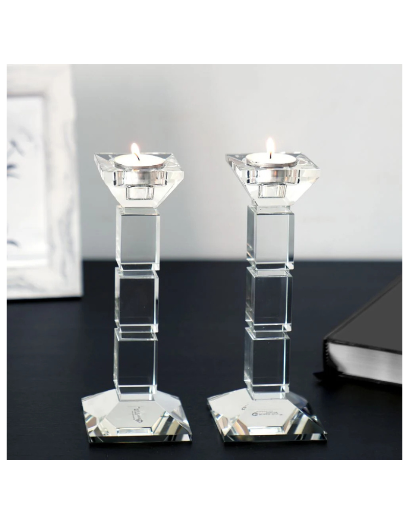 Set of 2 Clear Crystal Candlesticks Square Design