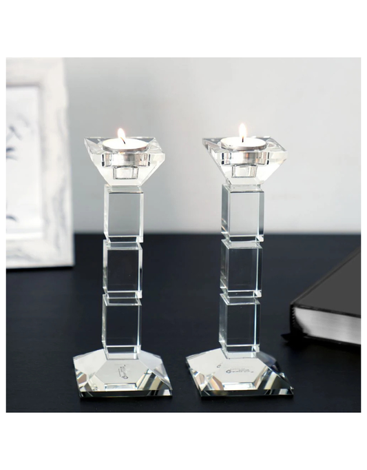 Set of 2 Clear Crystal Candlesticks Square Design