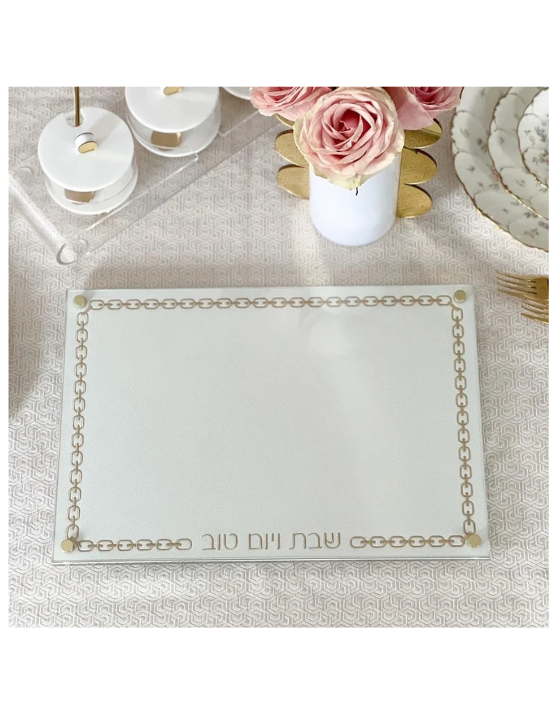 Glass Challah Board with Chain Design Embroidered Leatherette (options)