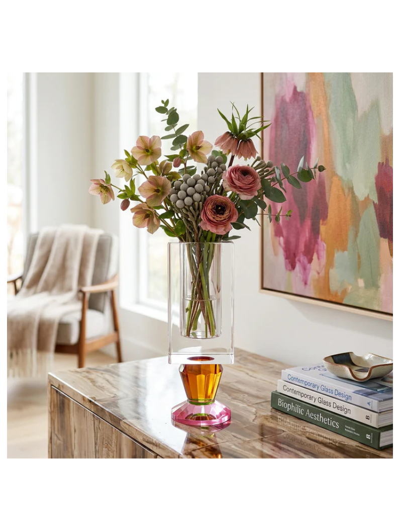 Crystal Vase with Pink and Amber Color Base
