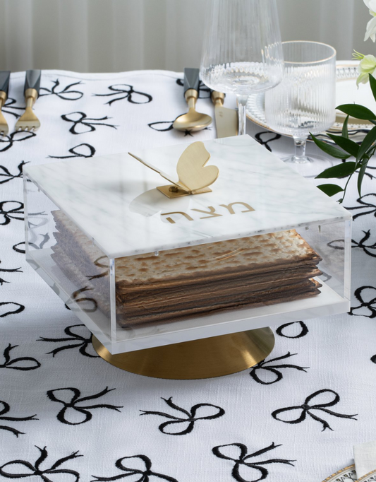 2.0 Luxe Acrylic Square White Matzah Box - Brass Butterfly Knob