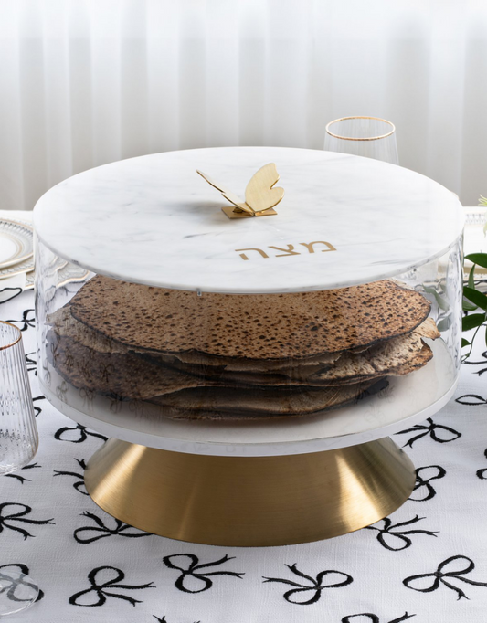 2.0 Luxe Acrylic Round White Matzah Box - Brass Butterfly Knob