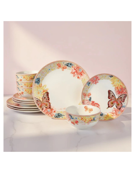 Dolly Parton Jeweled Mosaic Peach Butterfly 12pc Porcelain Dinnerware Set