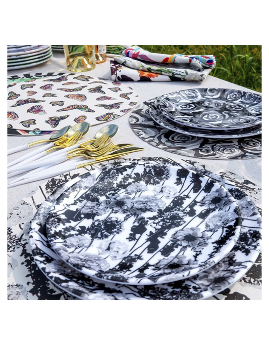 Elizabeth Sutton Collection: Grayscale Floral Garden 12pc Melamine Dinnerware Set