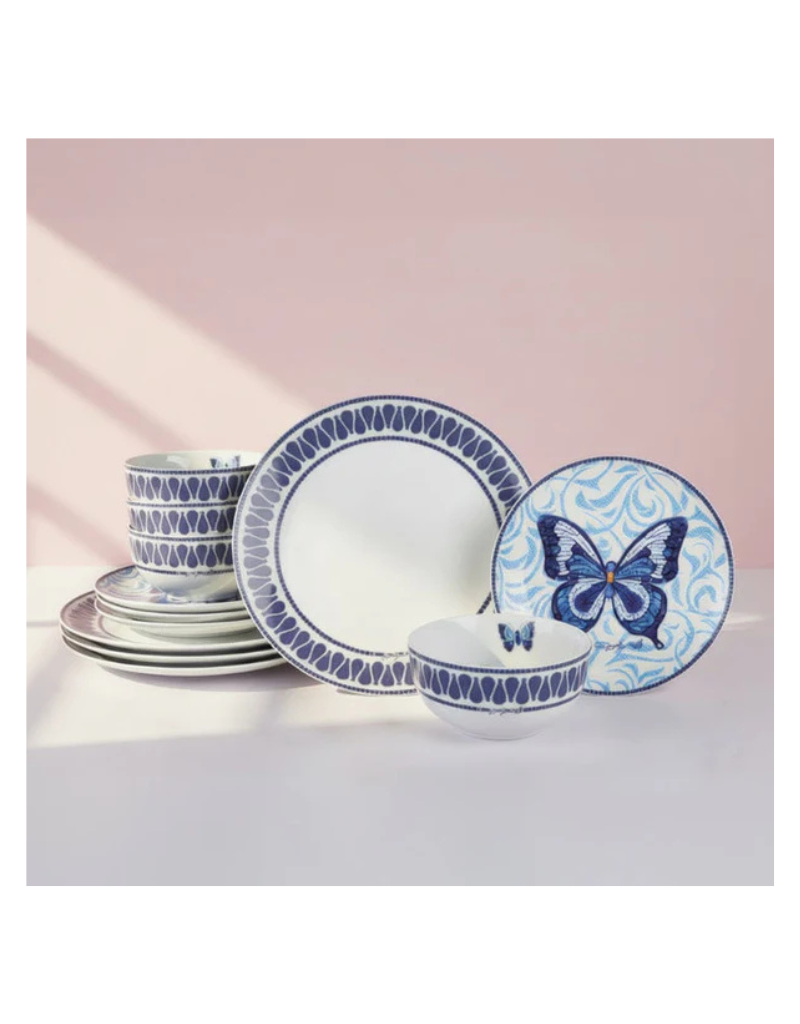 Dolly Parton Jeweled Mosaic Blue Butterfly 12Pc Porcelain Dinnerware Set