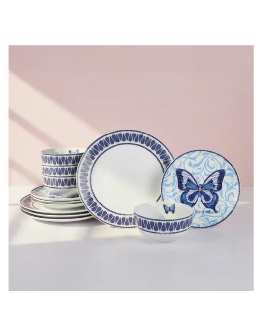 Dolly Parton Jeweled Mosaic Blue Butterfly 12Pc Porcelain Dinnerware Set