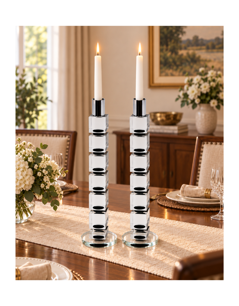 Set of 2 Large Crystal Candlesticks Block Design