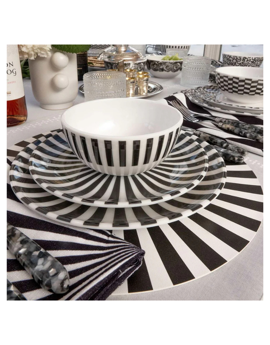 Elizabeth Sutton Collection: Black & White Starburst 12pc Melamine Dinnerware Set