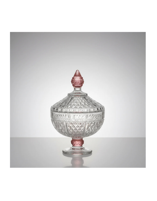 Footed Glass Jar with Diamond-Cut Design and Pink Stem & Lid