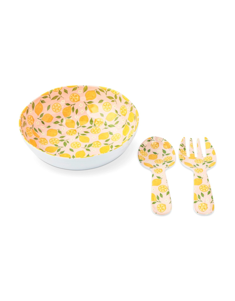 Lemons Melamine Serving Bowl with Salad Servers Set